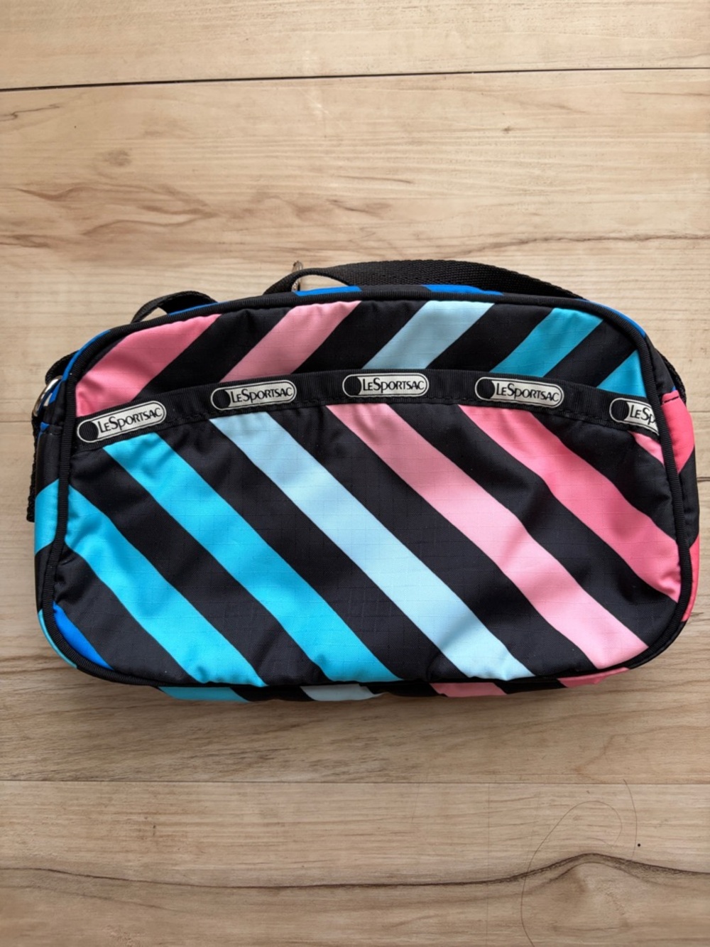 LeSportsac Black with Pink and Blue Diagonal Stripe Crossbody Bag